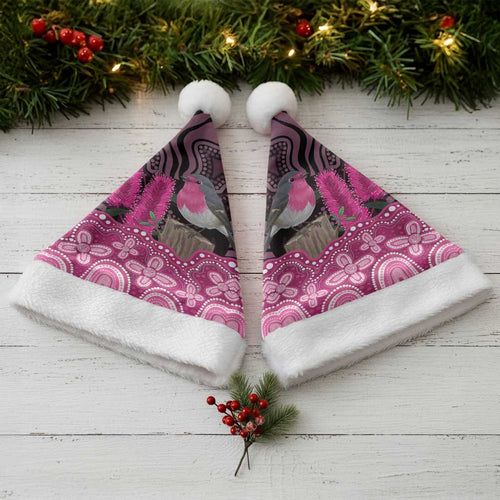 Australia Indigenous Christmas Santa Hat Breast Cancer Pink Robin Bottlebrush Aboriginal Art - Aussie Hoodie
