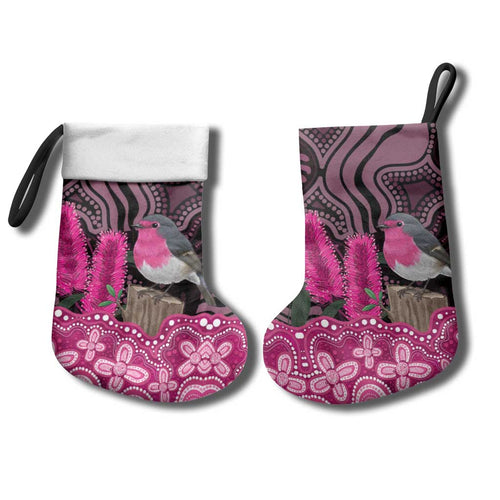 Australia Indigenous Christmas Stocking Breast Cancer Pink Robin Bottlebrush Aboriginal Art - Aussie Hoodie