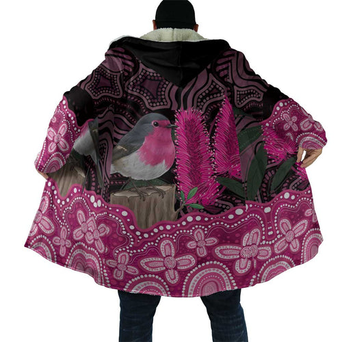 Australia Indigenous Cloak Breast Cancer Pink Robin Bottlebrush Aboriginal Art - Aussie Hoodie
