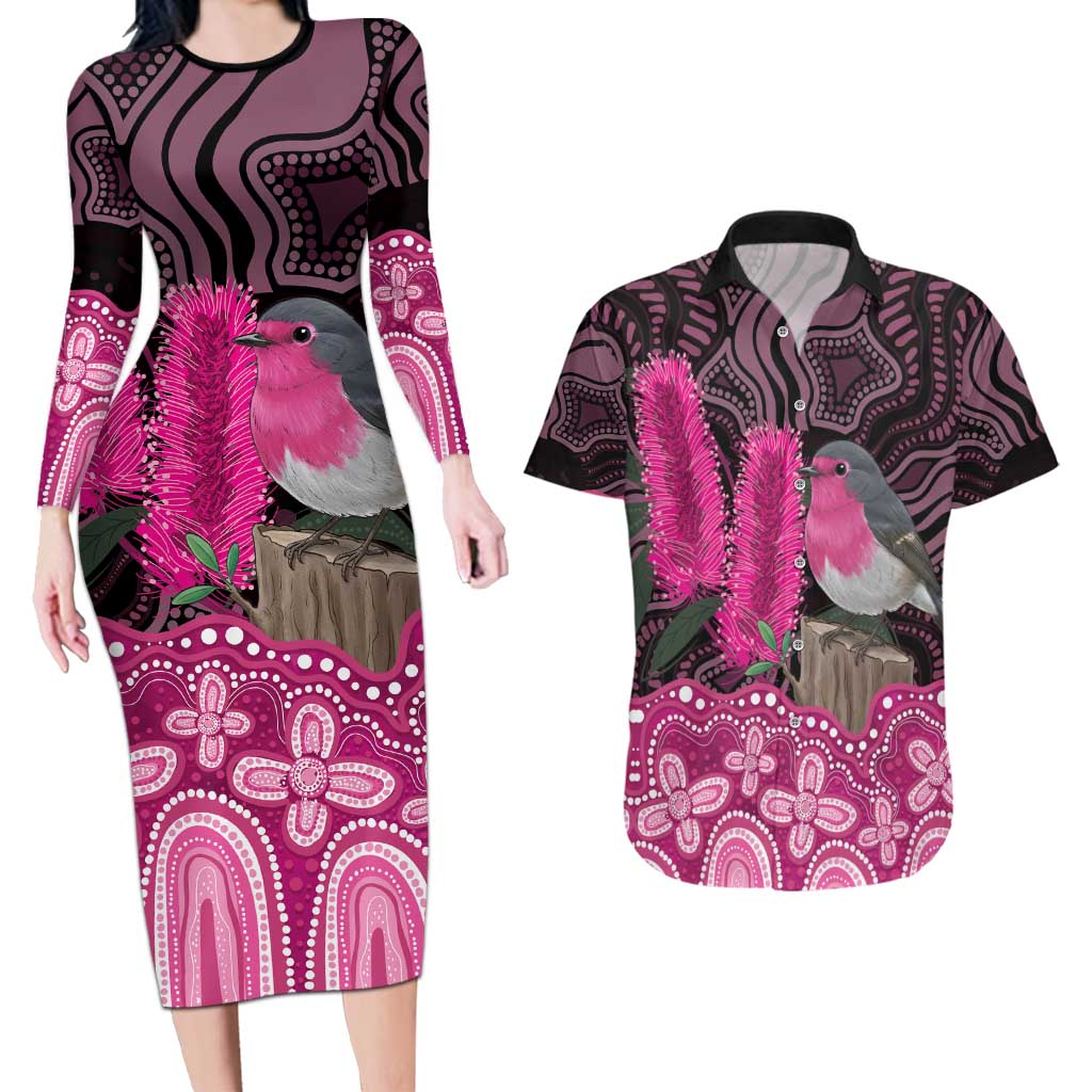 Australia Indigenous Couples Matching Long Sleeve Bodycon Dress and Hawaiian Shirt Breast Cancer Pink Robin Bottlebrush Aboriginal Art - Aussie Hoodie