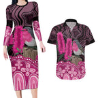 Australia Indigenous Couples Matching Long Sleeve Bodycon Dress and Hawaiian Shirt Breast Cancer Pink Robin Bottlebrush Aboriginal Art - Aussie Hoodie