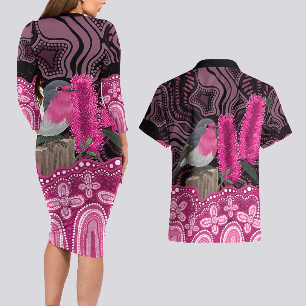 Australia Indigenous Couples Matching Long Sleeve Bodycon Dress and Hawaiian Shirt Breast Cancer Pink Robin Bottlebrush Aboriginal Art - Aussie Hoodie
