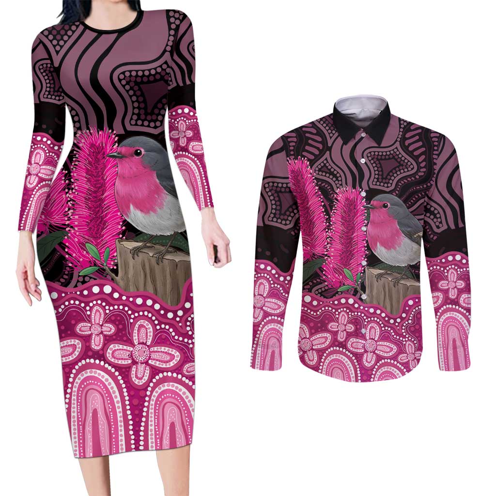 Australia Indigenous Couples Matching Long Sleeve Bodycon Dress and Long Sleeve Button Shirt Breast Cancer Pink Robin Bottlebrush Aboriginal Art - Aussie Hoodie