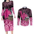 Australia Indigenous Couples Matching Long Sleeve Bodycon Dress and Long Sleeve Button Shirt Breast Cancer Pink Robin Bottlebrush Aboriginal Art - Aussie Hoodie
