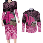 Australia Indigenous Couples Matching Long Sleeve Bodycon Dress and Long Sleeve Button Shirt Breast Cancer Pink Robin Bottlebrush Aboriginal Art - Aussie Hoodie