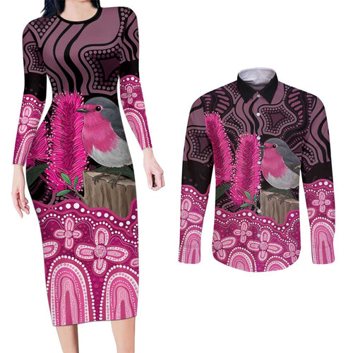 Australia Indigenous Couples Matching Long Sleeve Bodycon Dress and Long Sleeve Button Shirt Breast Cancer Pink Robin Bottlebrush Aboriginal Art - Aussie Hoodie