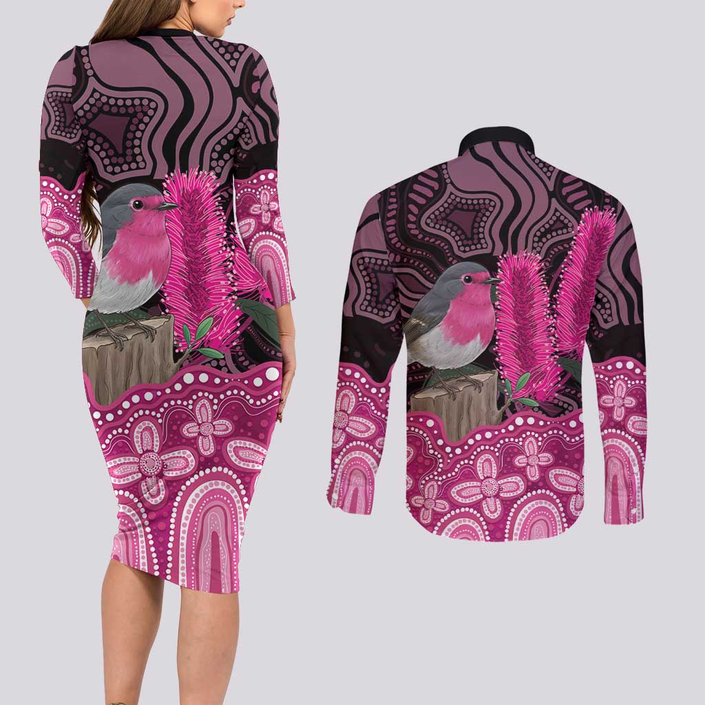 Australia Indigenous Couples Matching Long Sleeve Bodycon Dress and Long Sleeve Button Shirt Breast Cancer Pink Robin Bottlebrush Aboriginal Art - Aussie Hoodie