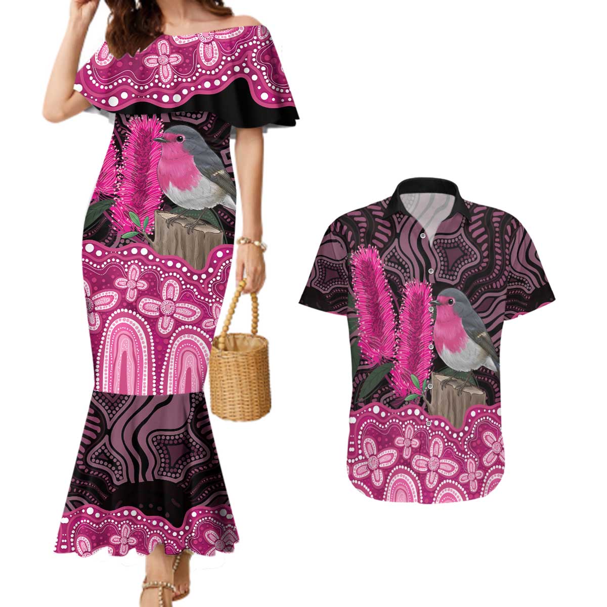 Australia Indigenous Couples Matching Mermaid Dress and Hawaiian Shirt Breast Cancer Pink Robin Bottlebrush Aboriginal Art - Aussie Hoodie