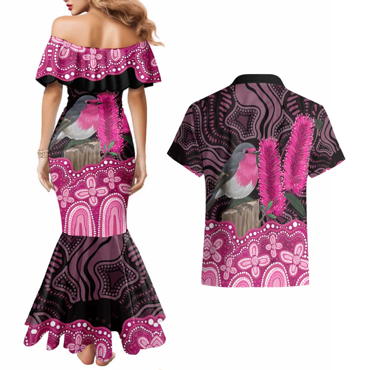 Australia Indigenous Couples Matching Mermaid Dress and Hawaiian Shirt Breast Cancer Pink Robin Bottlebrush Aboriginal Art - Aussie Hoodie