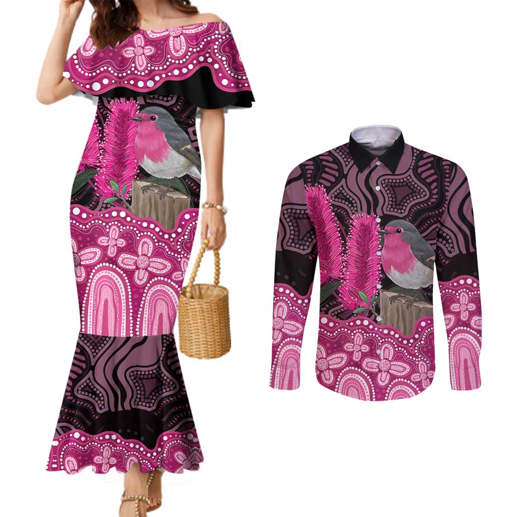 Australia Indigenous Couples Matching Mermaid Dress and Long Sleeve Button Shirt Breast Cancer Pink Robin Bottlebrush Aboriginal Art - Aussie Hoodie