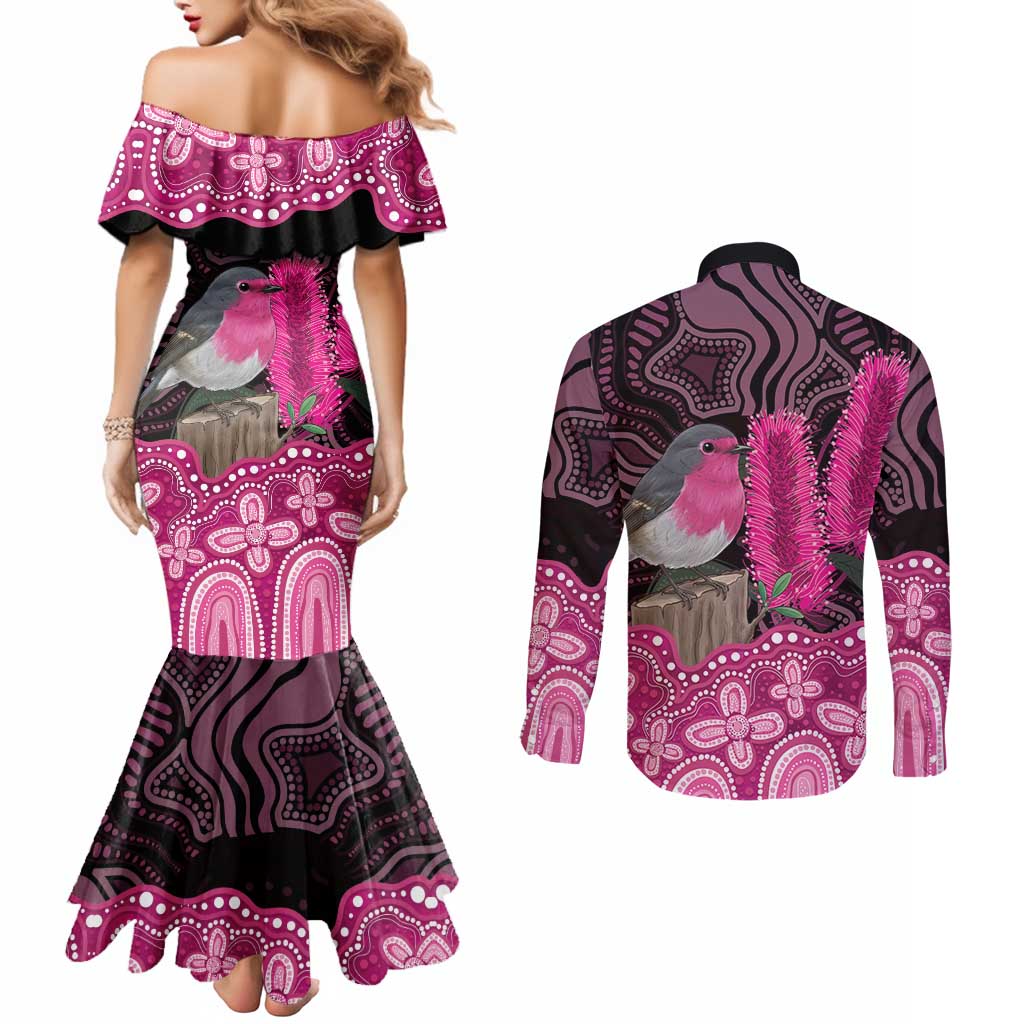 Australia Indigenous Couples Matching Mermaid Dress and Long Sleeve Button Shirt Breast Cancer Pink Robin Bottlebrush Aboriginal Art - Aussie Hoodie