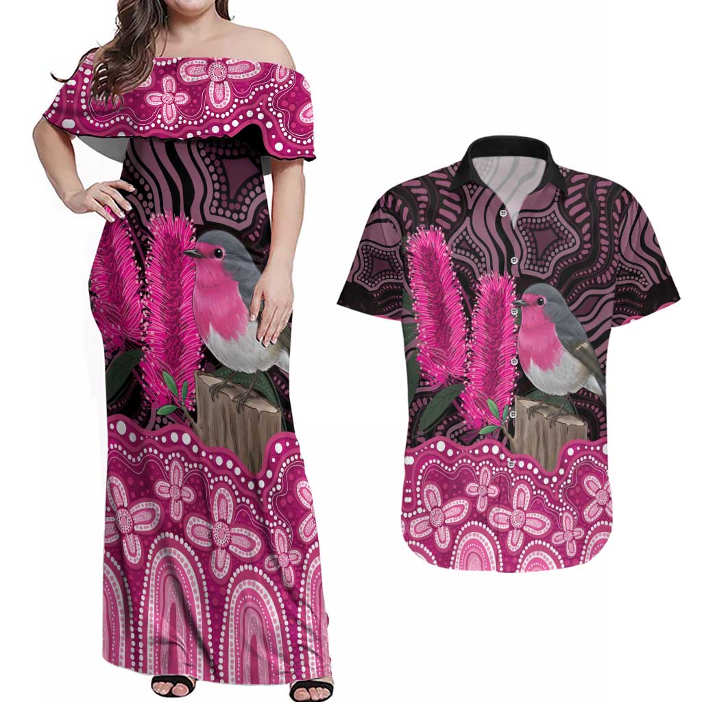 Australia Indigenous Couples Matching Off Shoulder Maxi Dress and Hawaiian Shirt Breast Cancer Pink Robin Bottlebrush Aboriginal Art - Aussie Hoodie