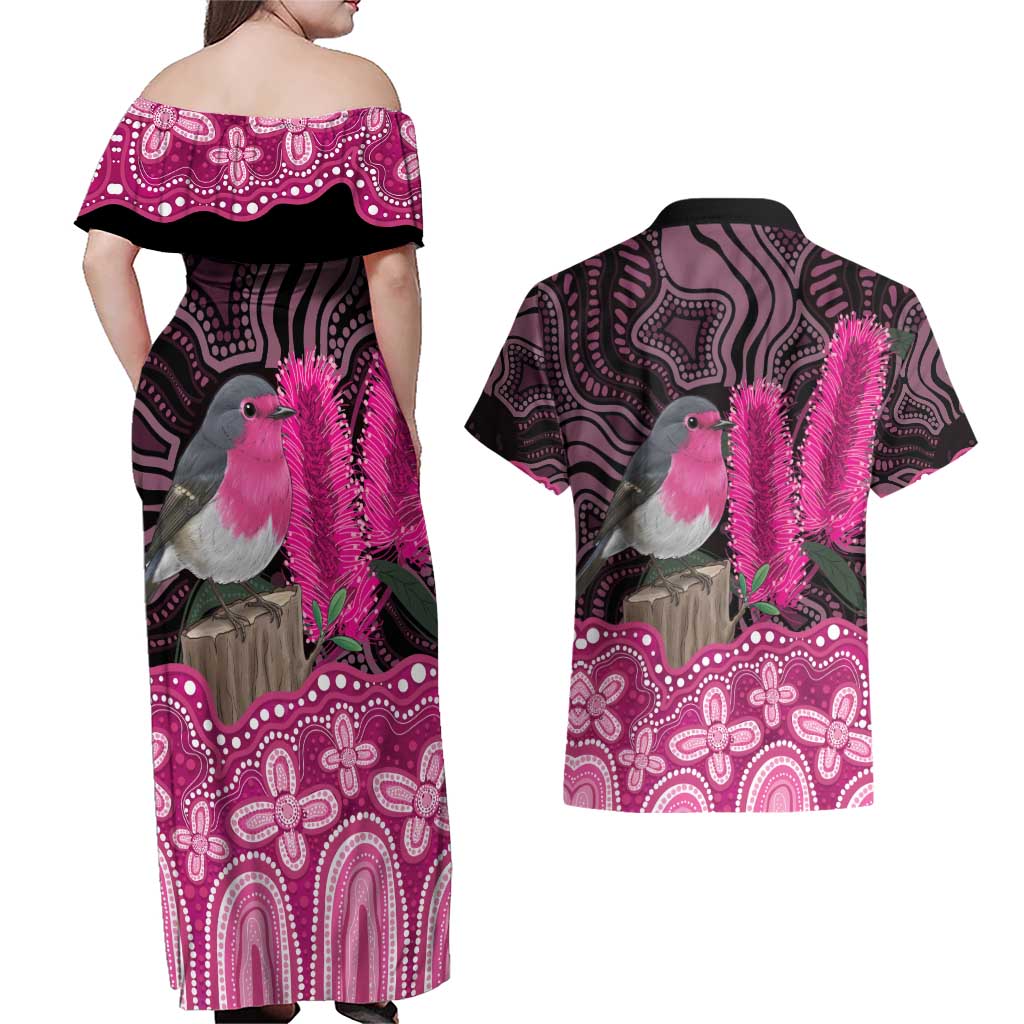 Australia Indigenous Couples Matching Off Shoulder Maxi Dress and Hawaiian Shirt Breast Cancer Pink Robin Bottlebrush Aboriginal Art - Aussie Hoodie
