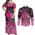 Australia Indigenous Couples Matching Off Shoulder Maxi Dress and Long Sleeve Button Shirt Breast Cancer Pink Robin Bottlebrush Aboriginal Art - Aussie Hoodie
