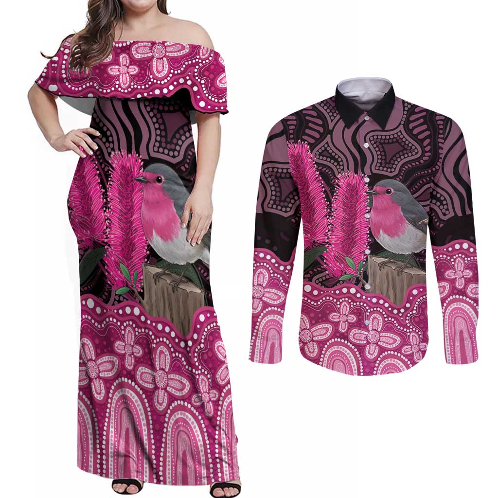 Australia Indigenous Couples Matching Off Shoulder Maxi Dress and Long Sleeve Button Shirt Breast Cancer Pink Robin Bottlebrush Aboriginal Art - Aussie Hoodie