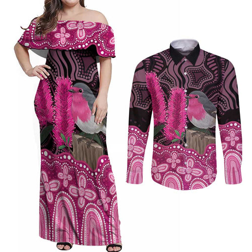 Australia Indigenous Couples Matching Off Shoulder Maxi Dress and Long Sleeve Button Shirt Breast Cancer Pink Robin Bottlebrush Aboriginal Art - Aussie Hoodie