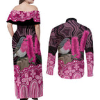 Australia Indigenous Couples Matching Off Shoulder Maxi Dress and Long Sleeve Button Shirt Breast Cancer Pink Robin Bottlebrush Aboriginal Art - Aussie Hoodie