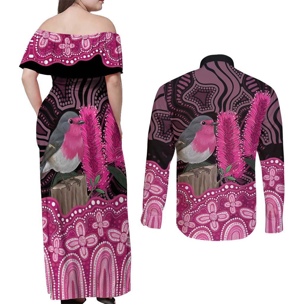 Australia Indigenous Couples Matching Off Shoulder Maxi Dress and Long Sleeve Button Shirt Breast Cancer Pink Robin Bottlebrush Aboriginal Art - Aussie Hoodie