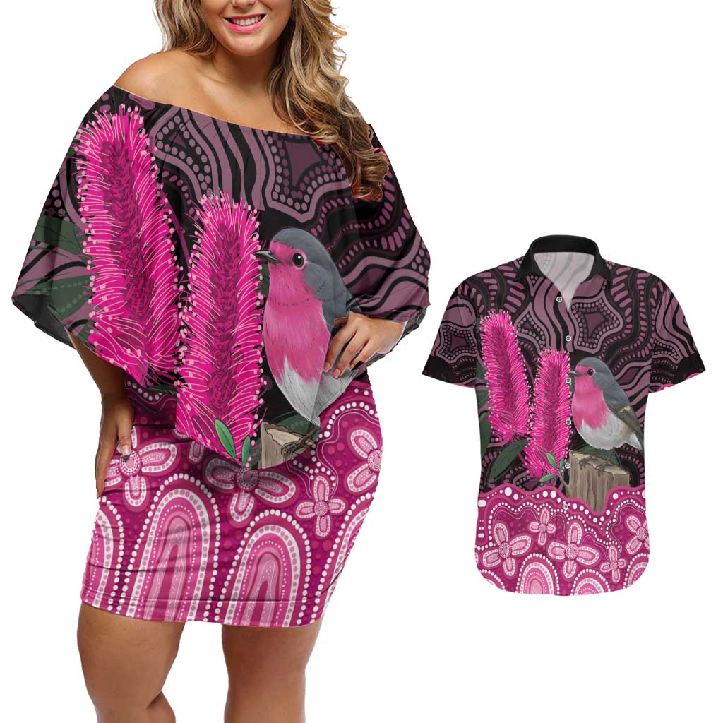 Australia Indigenous Couples Matching Off Shoulder Short Dress and Hawaiian Shirt Breast Cancer Pink Robin Bottlebrush Aboriginal Art - Aussie Hoodie
