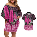 Australia Indigenous Couples Matching Off Shoulder Short Dress and Hawaiian Shirt Breast Cancer Pink Robin Bottlebrush Aboriginal Art - Aussie Hoodie