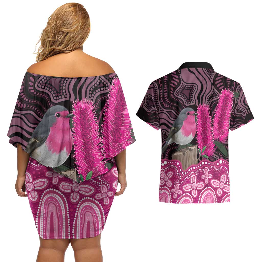Australia Indigenous Couples Matching Off Shoulder Short Dress and Hawaiian Shirt Breast Cancer Pink Robin Bottlebrush Aboriginal Art - Aussie Hoodie