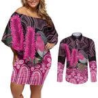 Australia Indigenous Couples Matching Off Shoulder Short Dress and Long Sleeve Button Shirt Breast Cancer Pink Robin Bottlebrush Aboriginal Art - Aussie Hoodie