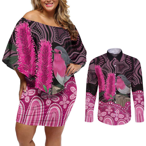 Australia Indigenous Couples Matching Off Shoulder Short Dress and Long Sleeve Button Shirt Breast Cancer Pink Robin Bottlebrush Aboriginal Art - Aussie Hoodie