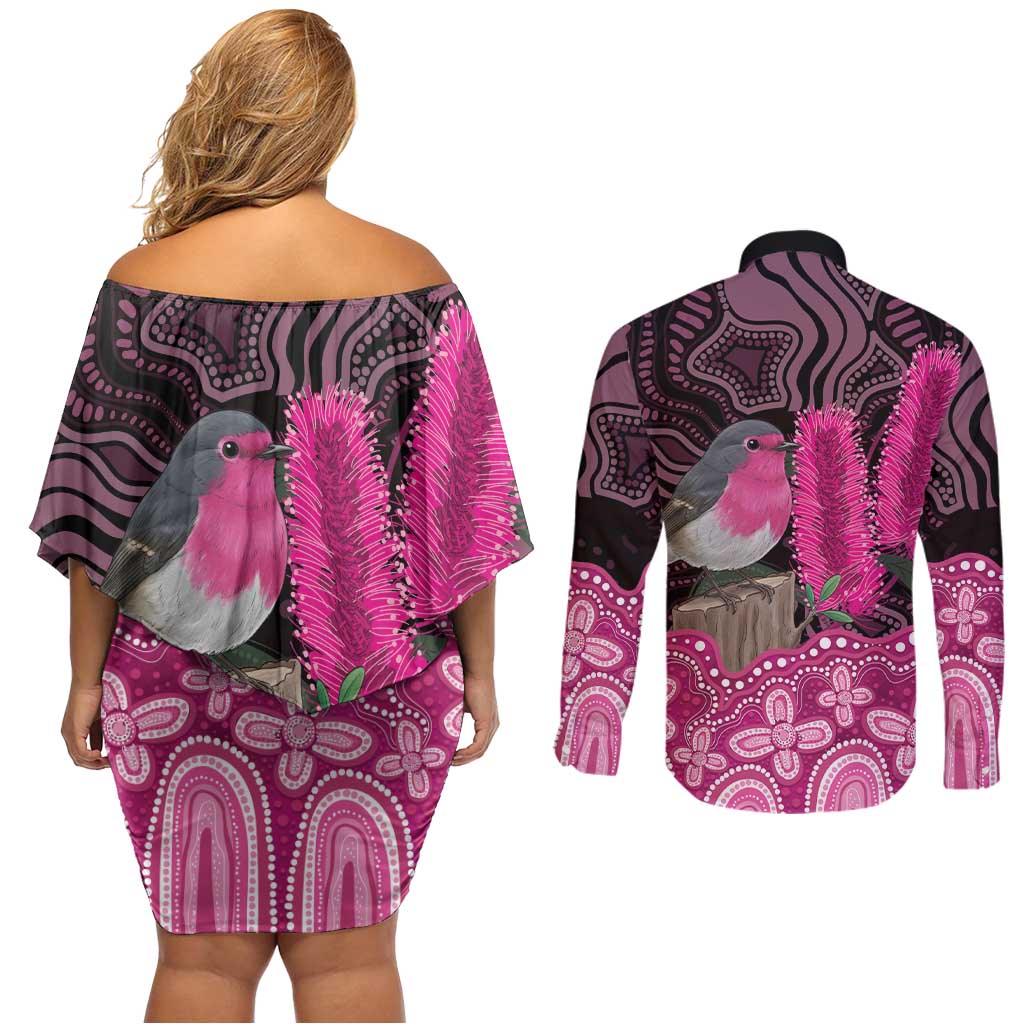 Australia Indigenous Couples Matching Off Shoulder Short Dress and Long Sleeve Button Shirt Breast Cancer Pink Robin Bottlebrush Aboriginal Art - Aussie Hoodie