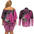 Australia Indigenous Couples Matching Off Shoulder Short Dress and Long Sleeve Button Shirt Breast Cancer Pink Robin Bottlebrush Aboriginal Art - Aussie Hoodie