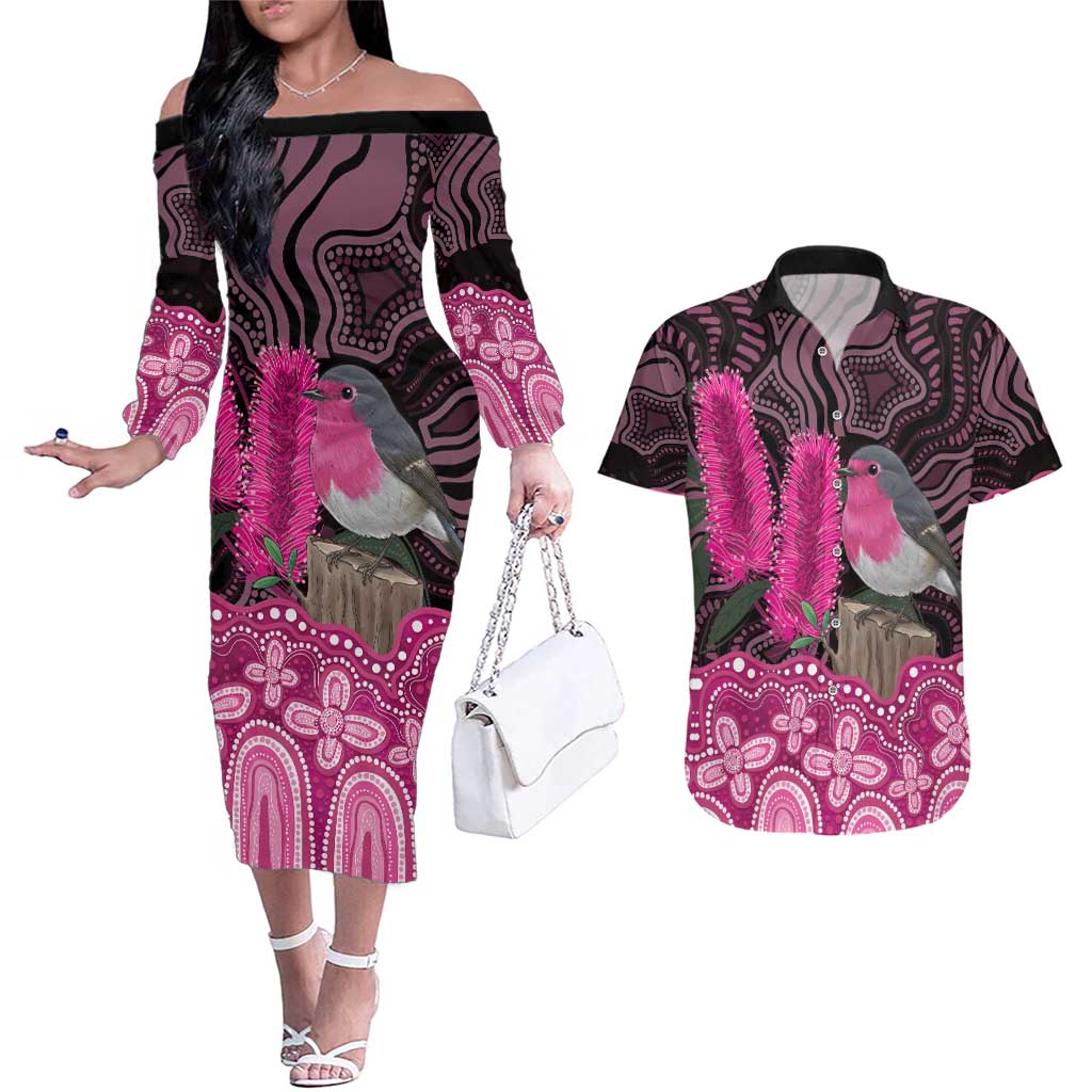 Australia Indigenous Couples Matching Off The Shoulder Long Sleeve Dress and Hawaiian Shirt Breast Cancer Pink Robin Bottlebrush Aboriginal Art - Aussie Hoodie