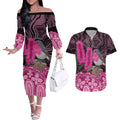 Australia Indigenous Couples Matching Off The Shoulder Long Sleeve Dress and Hawaiian Shirt Breast Cancer Pink Robin Bottlebrush Aboriginal Art - Aussie Hoodie