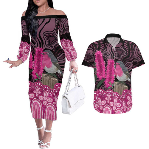 Australia Indigenous Couples Matching Off The Shoulder Long Sleeve Dress and Hawaiian Shirt Breast Cancer Pink Robin Bottlebrush Aboriginal Art - Aussie Hoodie