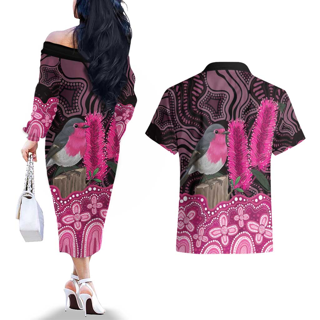 Australia Indigenous Couples Matching Off The Shoulder Long Sleeve Dress and Hawaiian Shirt Breast Cancer Pink Robin Bottlebrush Aboriginal Art - Aussie Hoodie