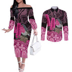 Australia Indigenous Couples Matching Off The Shoulder Long Sleeve Dress and Long Sleeve Button Shirt Breast Cancer Pink Robin Bottlebrush Aboriginal Art - Aussie Hoodie