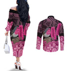 Australia Indigenous Couples Matching Off The Shoulder Long Sleeve Dress and Long Sleeve Button Shirt Breast Cancer Pink Robin Bottlebrush Aboriginal Art - Aussie Hoodie
