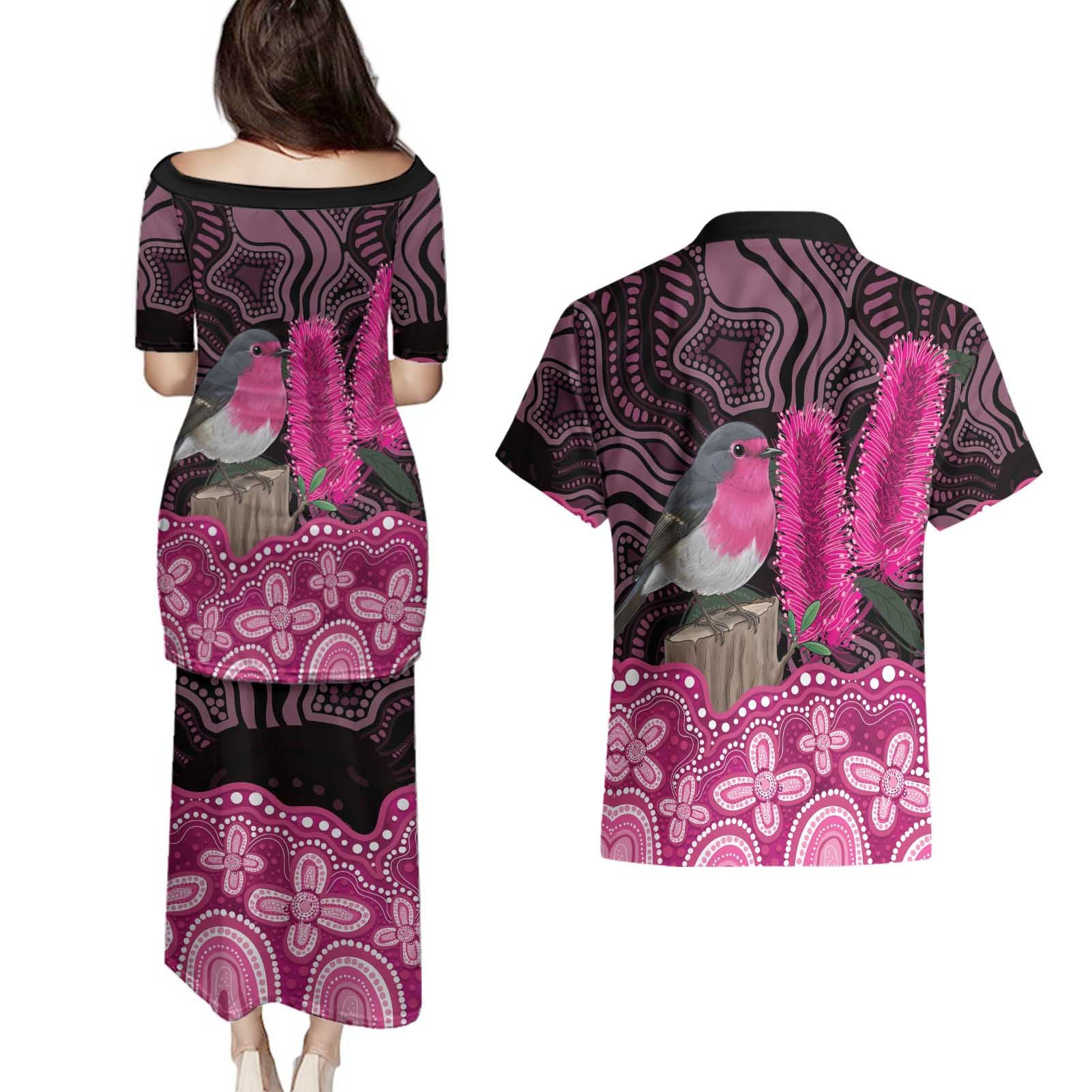Australia Indigenous Couples Matching Puletasi and Hawaiian Shirt Breast Cancer Pink Robin Bottlebrush Aboriginal Art - Aussie Hoodie