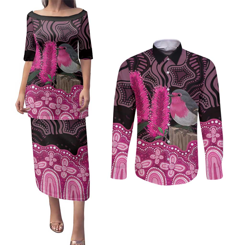 Australia Indigenous Couples Matching Puletasi and Long Sleeve Button Shirt Breast Cancer Pink Robin Bottlebrush Aboriginal Art - Aussie Hoodie