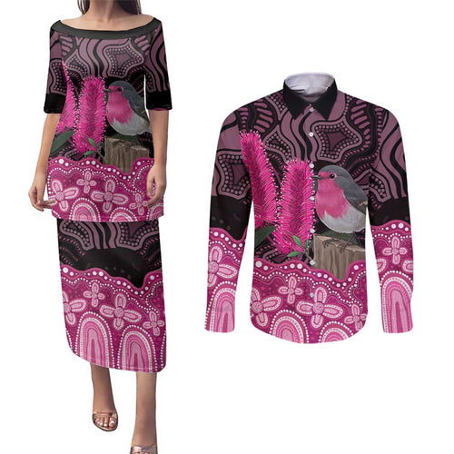 Australia Indigenous Couples Matching Puletasi and Long Sleeve Button Shirt Breast Cancer Pink Robin Bottlebrush Aboriginal Art - Aussie Hoodie