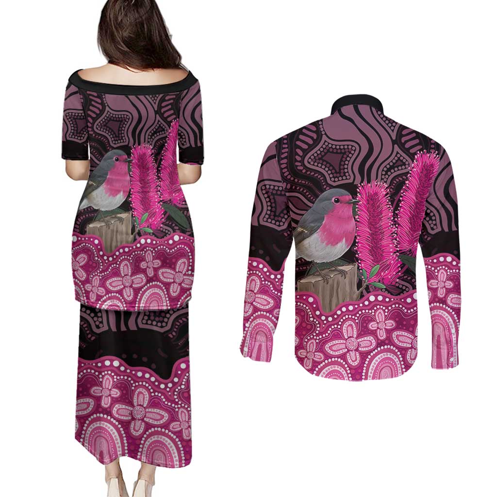 Australia Indigenous Couples Matching Puletasi and Long Sleeve Button Shirt Breast Cancer Pink Robin Bottlebrush Aboriginal Art - Aussie Hoodie