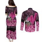 Australia Indigenous Couples Matching Puletasi and Long Sleeve Button Shirt Breast Cancer Pink Robin Bottlebrush Aboriginal Art - Aussie Hoodie