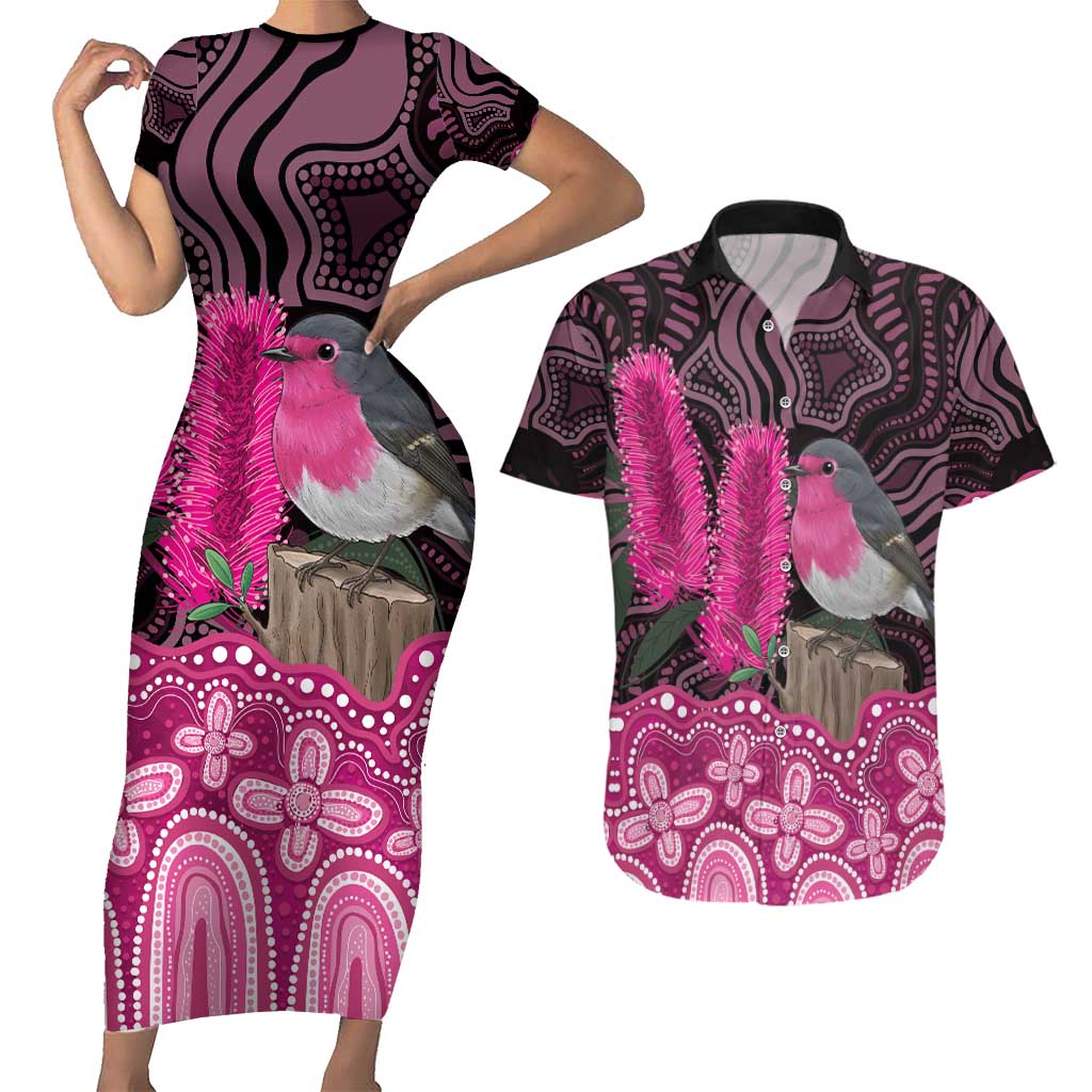 Australia Indigenous Couples Matching Short Sleeve Bodycon Dress and Hawaiian Shirt Breast Cancer Pink Robin Bottlebrush Aboriginal Art - Aussie Hoodie