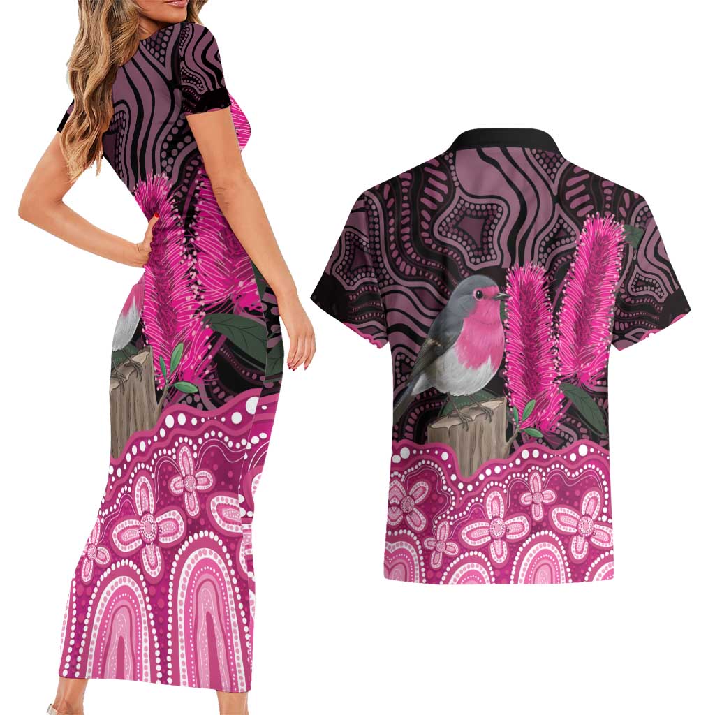 Australia Indigenous Couples Matching Short Sleeve Bodycon Dress and Hawaiian Shirt Breast Cancer Pink Robin Bottlebrush Aboriginal Art - Aussie Hoodie