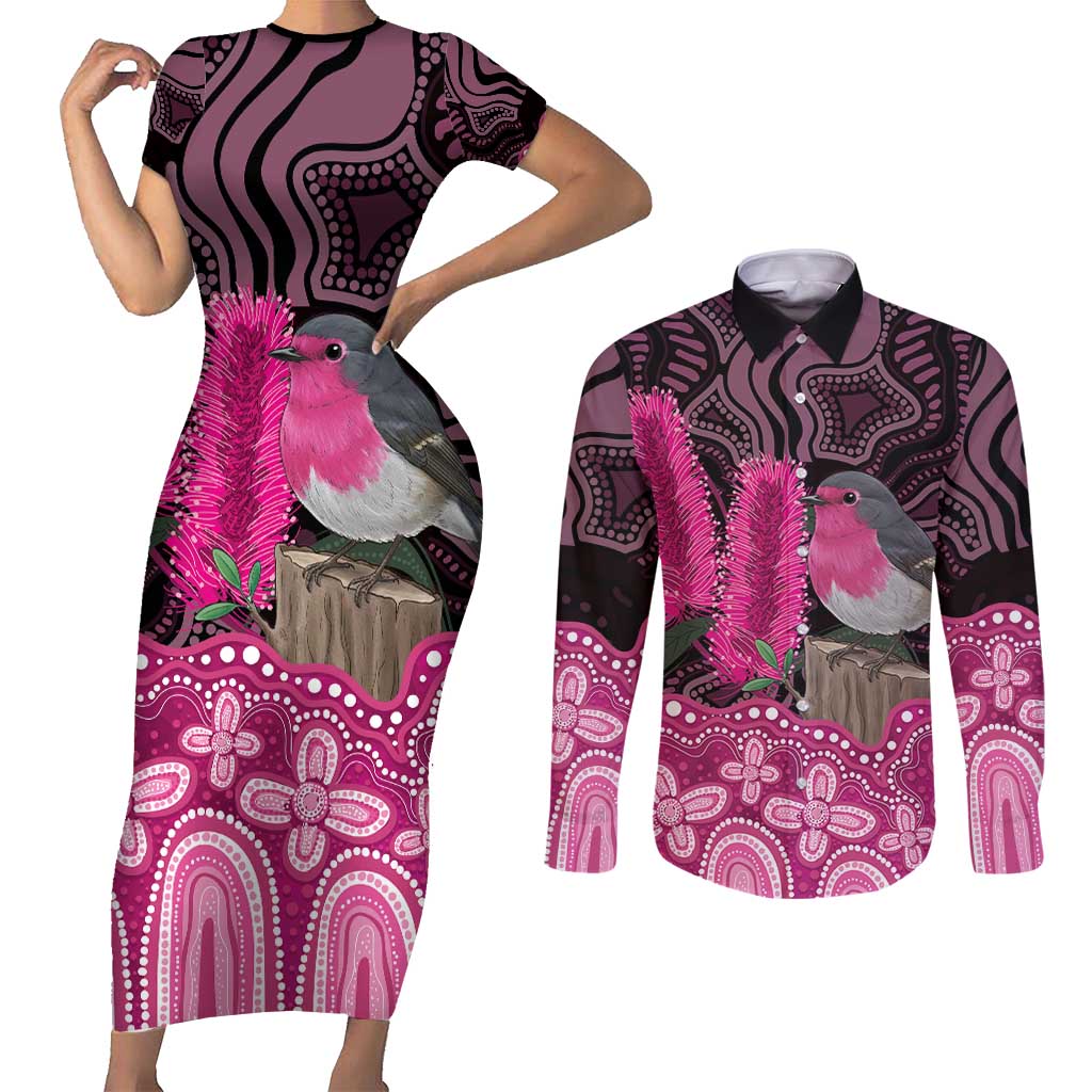 Australia Indigenous Couples Matching Short Sleeve Bodycon Dress and Long Sleeve Button Shirt Breast Cancer Pink Robin Bottlebrush Aboriginal Art - Aussie Hoodie