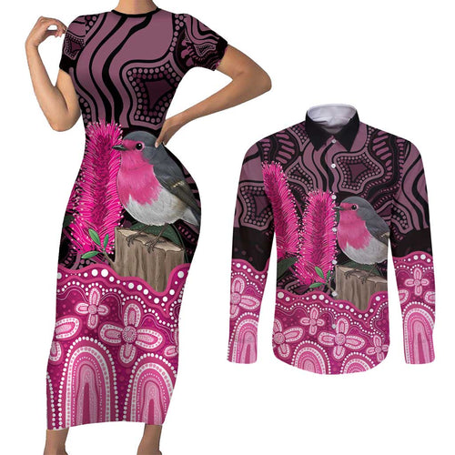 Australia Indigenous Couples Matching Short Sleeve Bodycon Dress and Long Sleeve Button Shirt Breast Cancer Pink Robin Bottlebrush Aboriginal Art - Aussie Hoodie