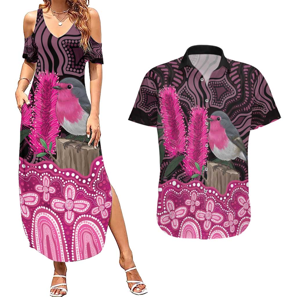 Australia Indigenous Couples Matching Summer Maxi Dress and Hawaiian Shirt Breast Cancer Pink Robin Bottlebrush Aboriginal Art - Aussie Hoodie