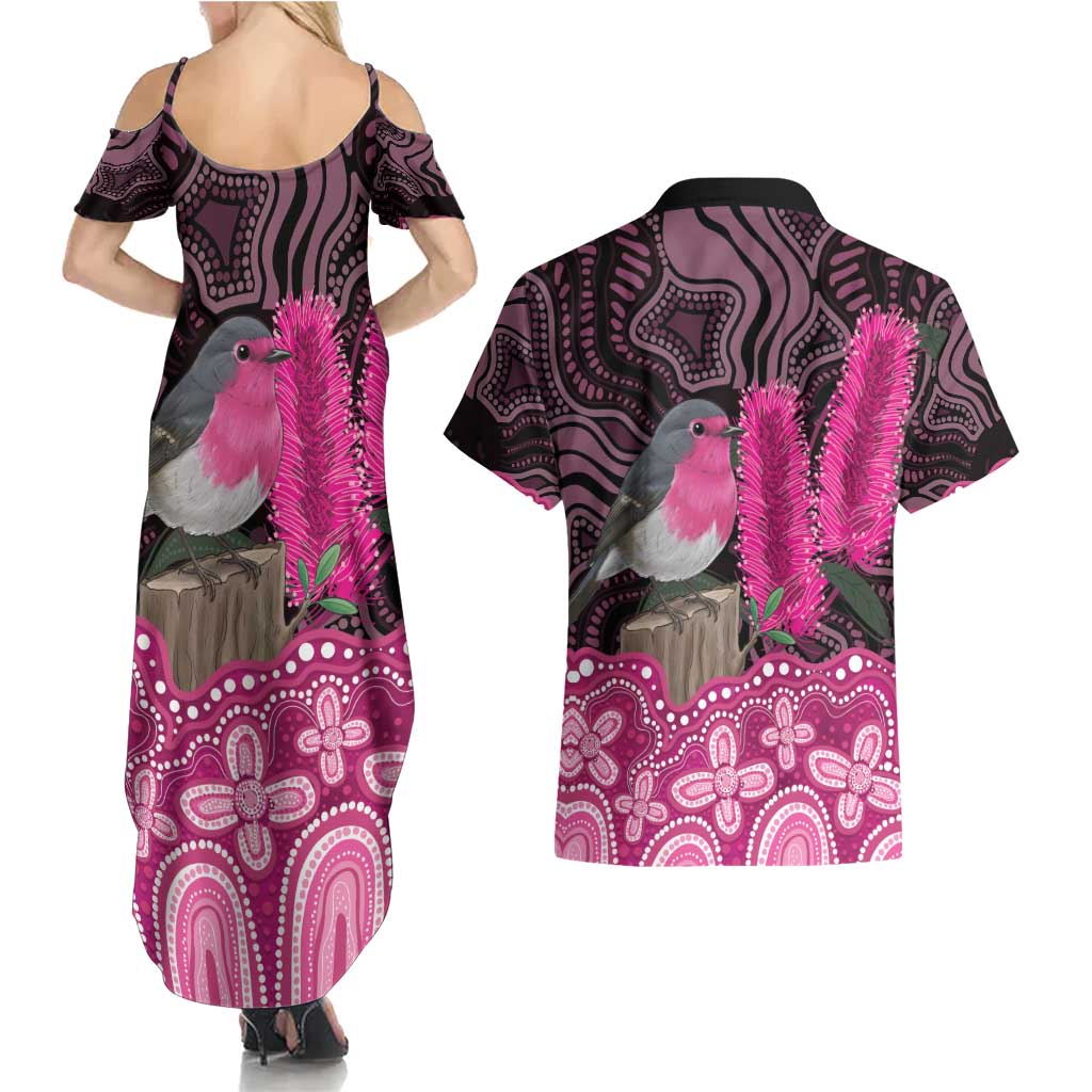 Australia Indigenous Couples Matching Summer Maxi Dress and Hawaiian Shirt Breast Cancer Pink Robin Bottlebrush Aboriginal Art - Aussie Hoodie