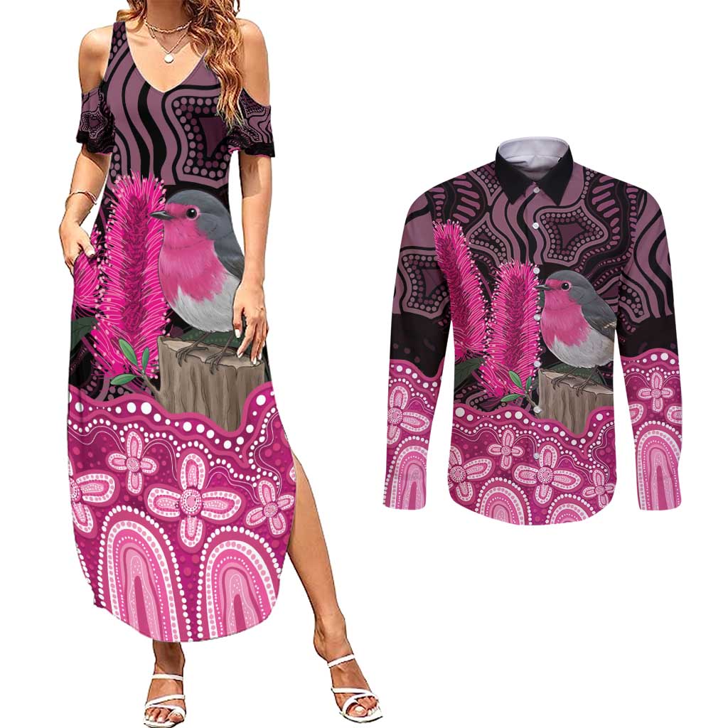 Australia Indigenous Couples Matching Summer Maxi Dress and Long Sleeve Button Shirt Breast Cancer Pink Robin Bottlebrush Aboriginal Art - Aussie Hoodie