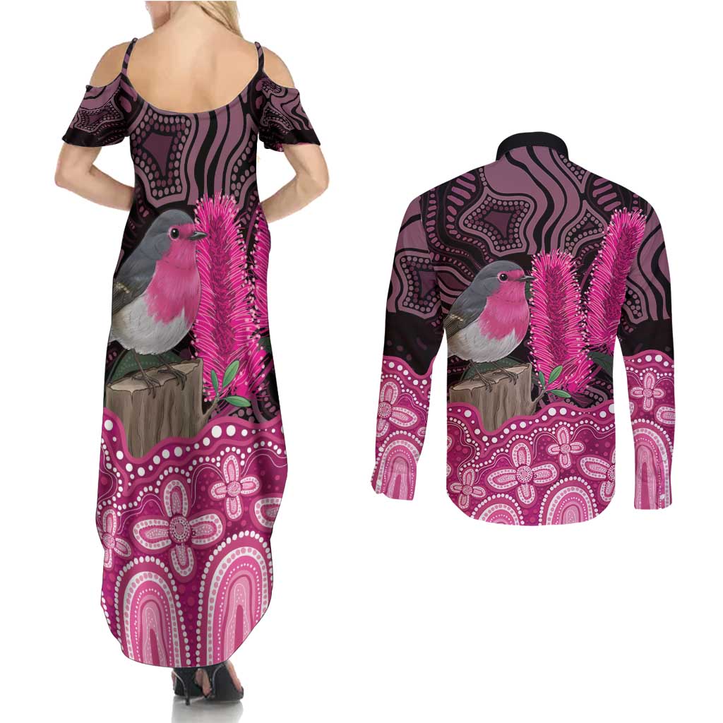 Australia Indigenous Couples Matching Summer Maxi Dress and Long Sleeve Button Shirt Breast Cancer Pink Robin Bottlebrush Aboriginal Art - Aussie Hoodie
