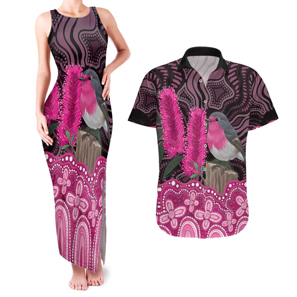 Australia Indigenous Couples Matching Tank Maxi Dress and Hawaiian Shirt Breast Cancer Pink Robin Bottlebrush Aboriginal Art - Aussie Hoodie