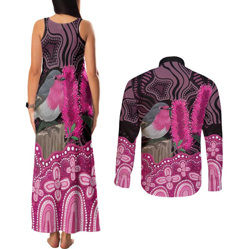 Australia Indigenous Couples Matching Tank Maxi Dress and Long Sleeve Button Shirt Breast Cancer Pink Robin Bottlebrush Aboriginal Art - Aussie Hoodie